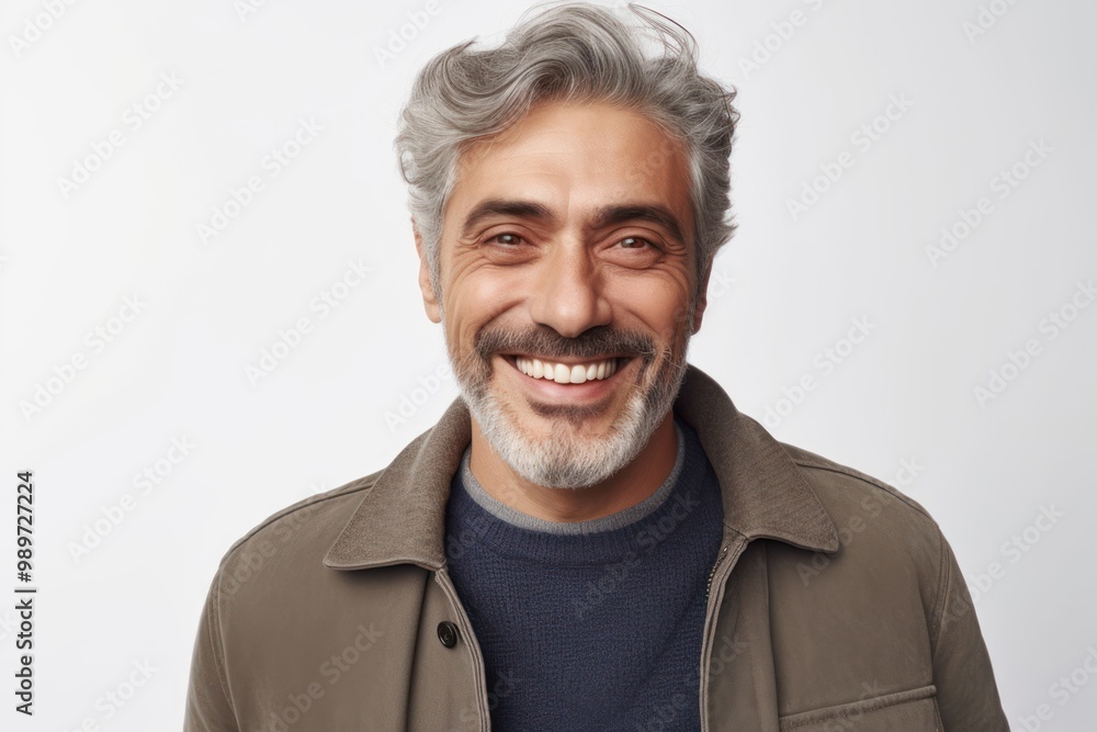 Portrait of a mature man with gray hair and beard, smiling warmly in a casual outfit, conveying warmth and confidence.. Portrait of a mature man with gray hair and beard, smiling warmly in a casual outfit, conveying warmth and confidence..
