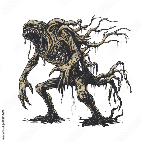 A monstrous creature with a decaying, fleshy body, sharp claws, and dripping, vine-like appendages.