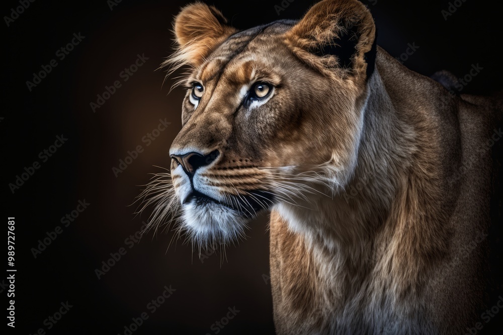 Fototapeta premium A striking close-up of a lioness in low, dramatic lighting, highlighting her intense gaze and majestic features..