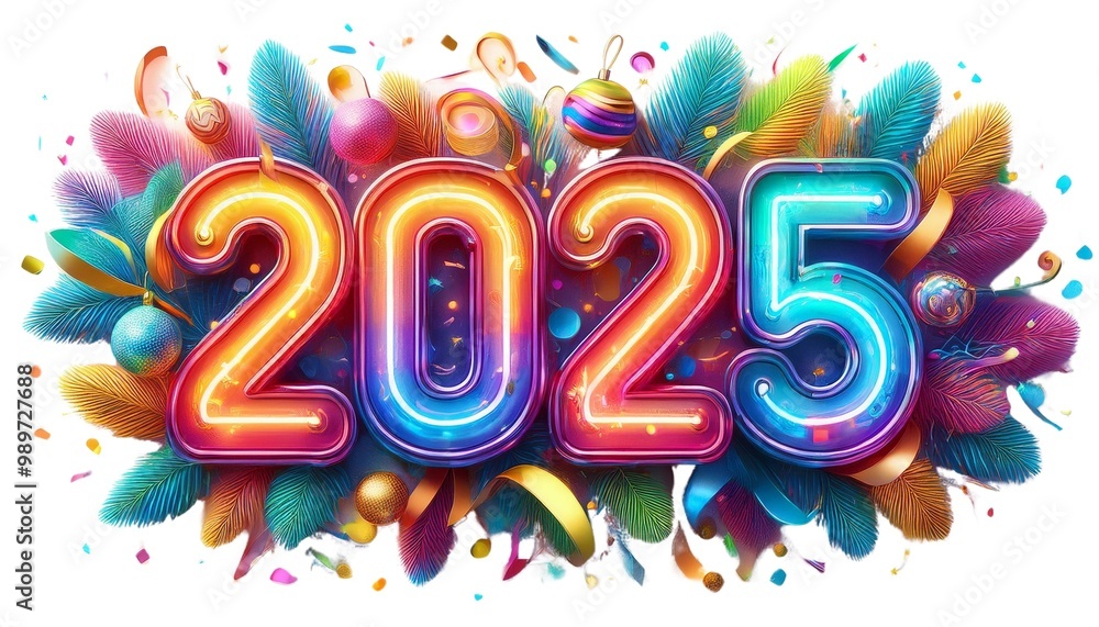 Colorful 2025 design with feathers and festive elements on a white isolated background. Colorful 2025 design with feathers and festive elements on a white isolated background.