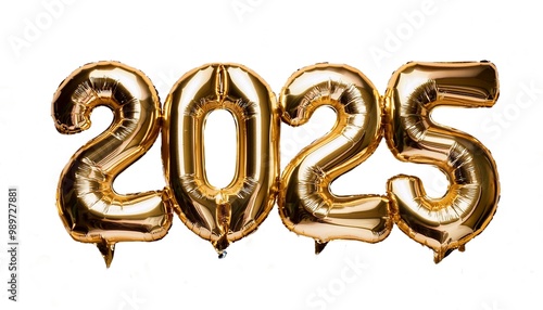 Gold balloons forming the year 2025 on a white isolated background.