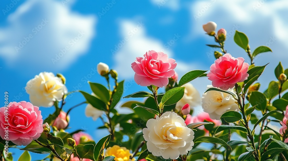 Obraz premium A vibrant display of blooming camellia flowers showcasing a variety of colors alongside unopened flower buds. The tender green leaves complement the delicate and juicy petals, 