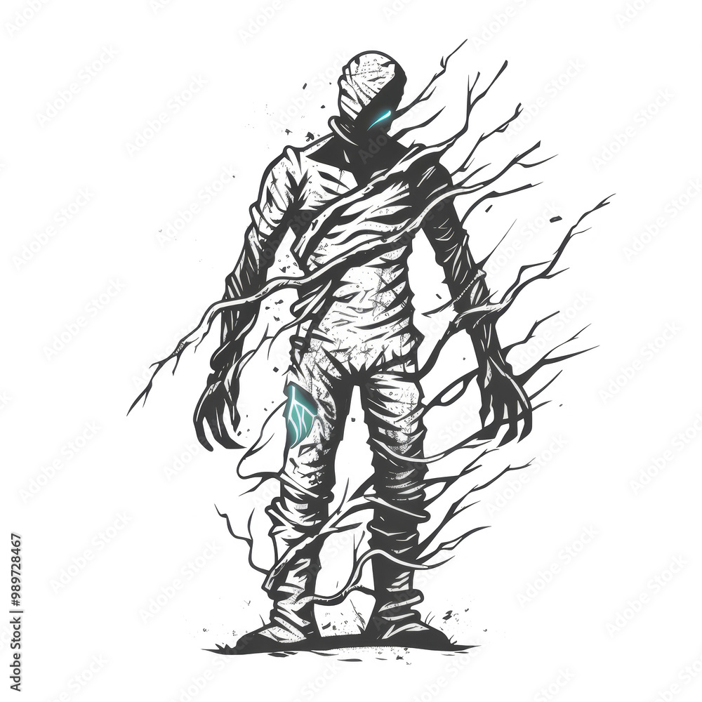 Fototapeta premium A ghostly figure shrouded in ethereal branches, glowing with an eerie blue light.