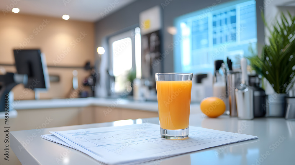 modern health clinic scene with a glass of orange juice on the counter, next to medical charts and fitness gear, symbolizing balanced health and nutrition modern health clinic scene with a glass of orange juice on the counter, next to medical charts and fitness gear, symbolizing balanced health and nutrition