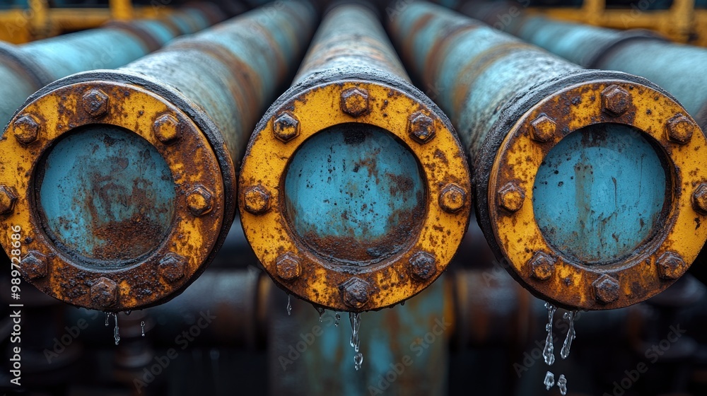 Rusty Pipes with Yellow Caps and Blue Interior Rusty Pipes with Yellow Caps and Blue Interior
