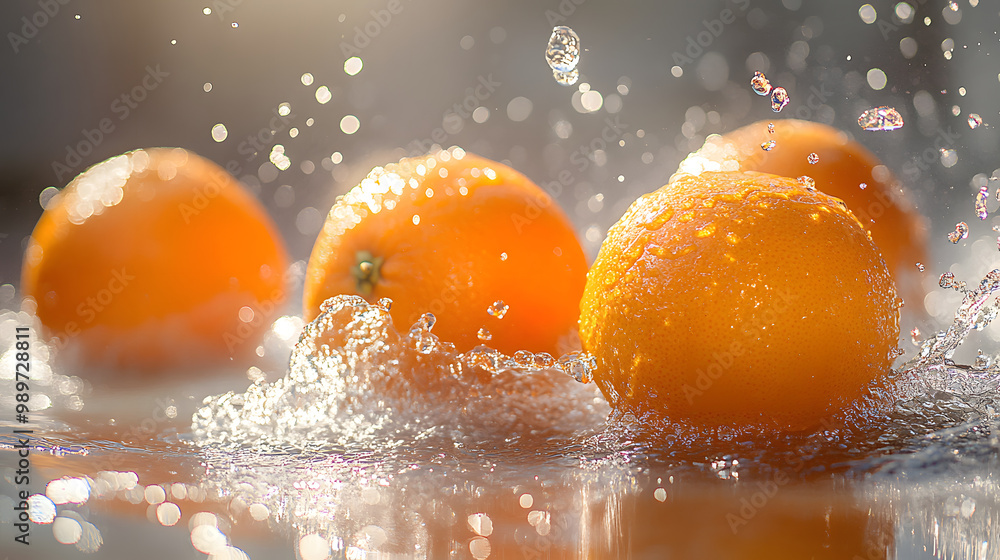 Multiple oranges splashing into a pool of water, water droplets glistening in the sunlight, vibrant colors, high-speed photography Multiple oranges splashing into a pool of water, water droplets glistening in the sunlight, vibrant colors, high-speed photography