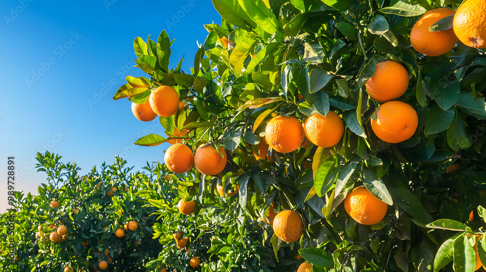 Orange tree in a sunny Mediterranean orchard, lush green leaves, ripe oranges hanging heavily from the branches, deep blue sky in the background Orange tree in a sunny Mediterranean orchard, lush green leaves, ripe oranges hanging heavily from the branches, deep blue sky in the background