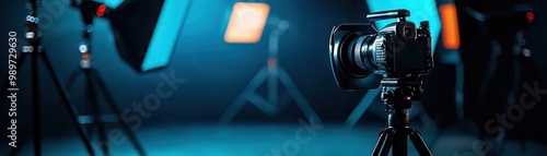 A professional camera stands ready in a photography studio, illuminated by colorful lights, capturing creative moments.