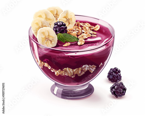 acai dessert with banana blackberries and granola grains