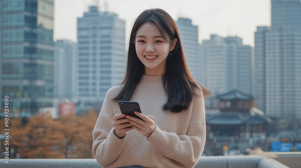 Korean Woman Using Smartphone on Rooftop Overlooking City Skyline Korean Woman Using Smartphone on Rooftop Overlooking City Skyline