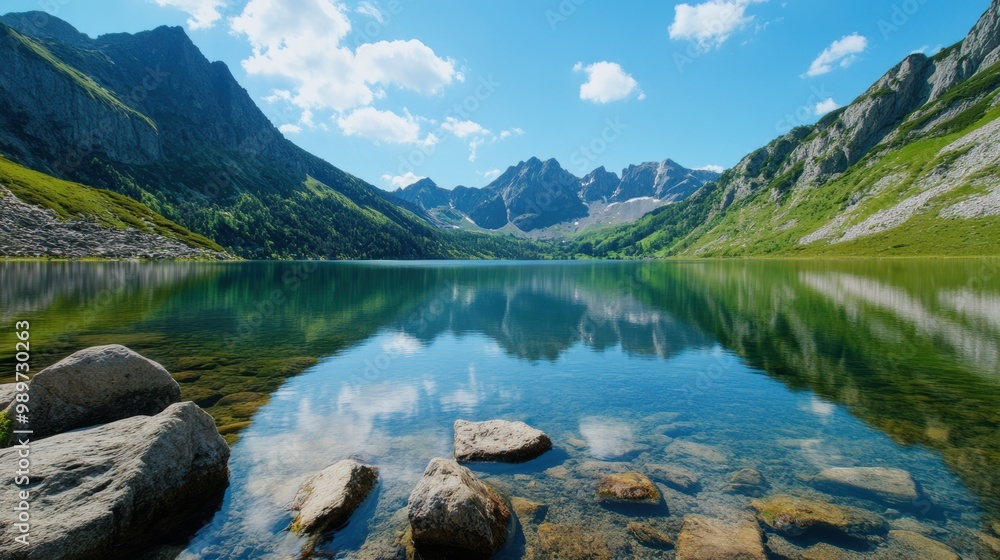 Serene Mountain Lake with Clear Blue Sky and Reflection Serene Mountain Lake with Clear Blue Sky and Reflection