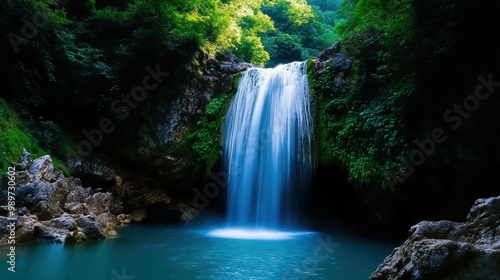 Serene Waterfall in Lush Green Forest Landscape