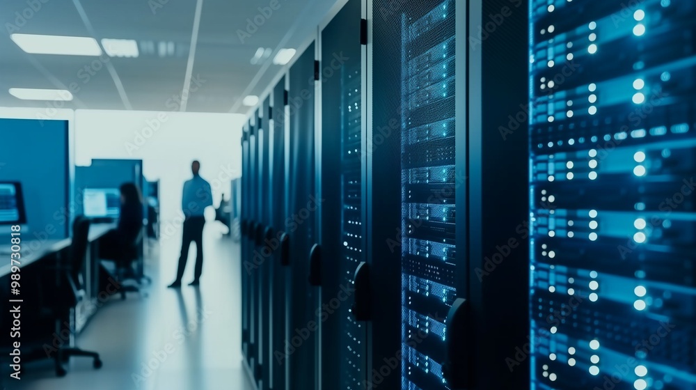 A modern data center featuring server racks, illuminated interfaces, and an individual standing in the background, emphasizing technology and infrastructure. A modern data center featuring server racks, illuminated interfaces, and an individual standing in the background, emphasizing technology and infrastructure.