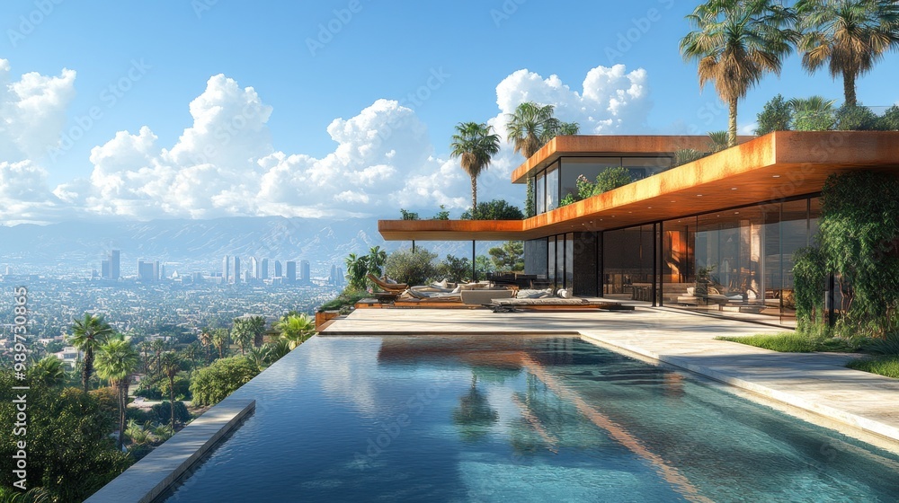 Fototapeta premium Modern Villa with Infinity Pool overlooking Cityscape