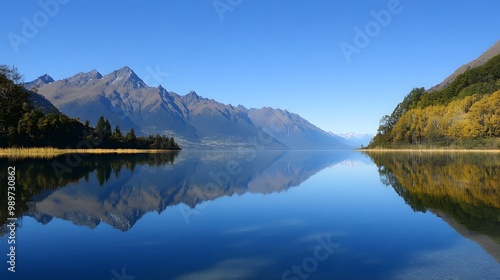 56. A serene lake with reflections of mountains and trees