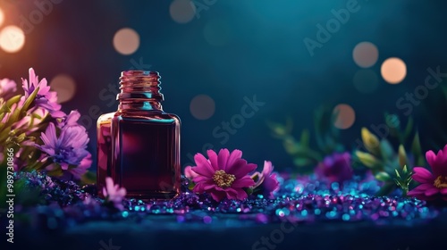 A stunning arrangement of flowers and a glass bottle, bathed in soft light, creating a serene and colorful atmosphere.