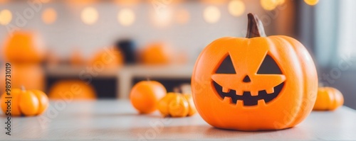 A festive, carved pumpkin with a smiling face sits on a table, surrounded by smaller pumpkins and twinkling lights, capturing the spirit of Halloween. photo