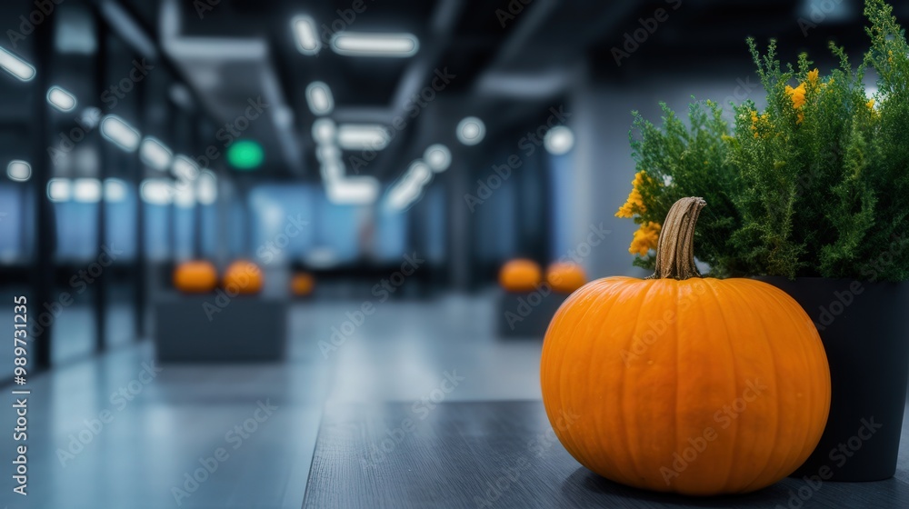 A vibrant orange pumpkin next to greenery in a modern, indoor space, creating a seasonal decorative atmosphere. A vibrant orange pumpkin next to greenery in a modern, indoor space, creating a seasonal decorative atmosphere.