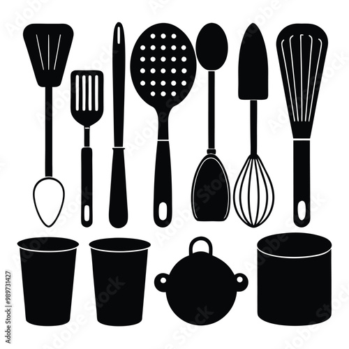 A comprehensive collection of kitchen tools silhouette vectors, perfect for culinary-themed projects. High-quality designs include essential cookware and utensils for cooking and kitchen decor.