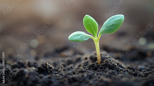 Close-up photo of a seedling emerging from soil, focusing on its small roots.