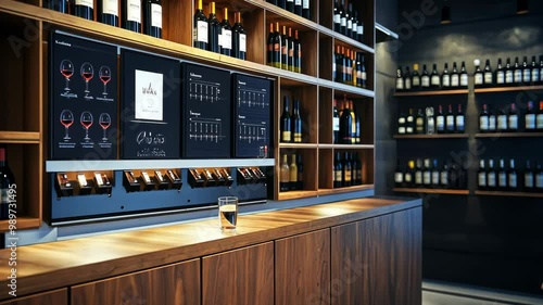 A glass of wine sits on a wooden counter in a modern wine bar, ready to be enjoyed photo