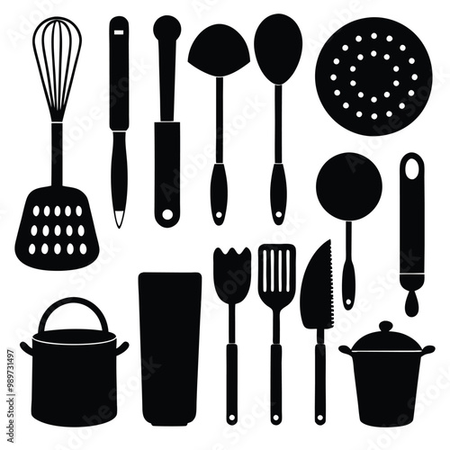 A comprehensive collection of kitchen tools silhouette vectors, perfect for culinary-themed projects. High-quality designs include essential cookware and utensils for cooking and kitchen decor.
