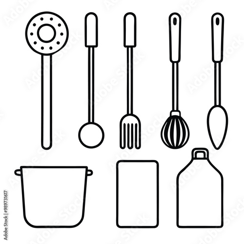 A comprehensive collection of kitchen tools silhouette vectors, perfect for culinary-themed projects. High-quality designs include essential cookware and utensils for cooking and kitchen decor.