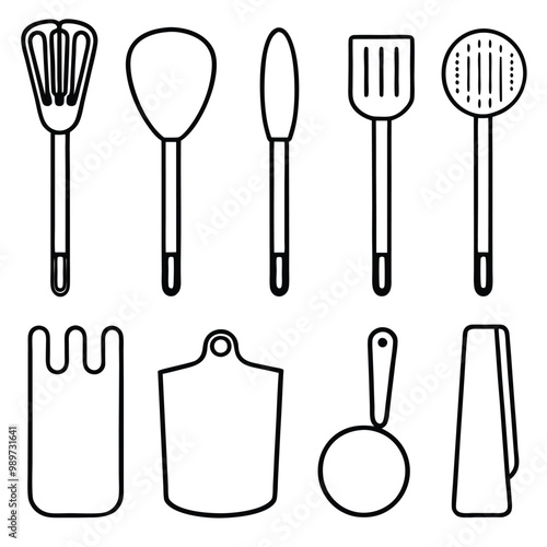 A comprehensive collection of kitchen tools silhouette vectors, perfect for culinary-themed projects. High-quality designs include essential cookware and utensils for cooking and kitchen decor.