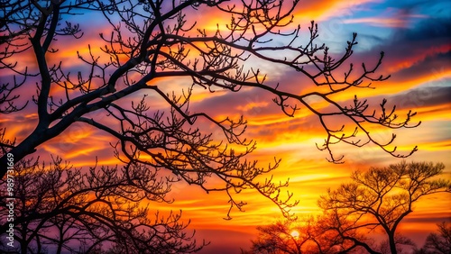 Silhouettes of bare autumn branches against a gradient sunset sky