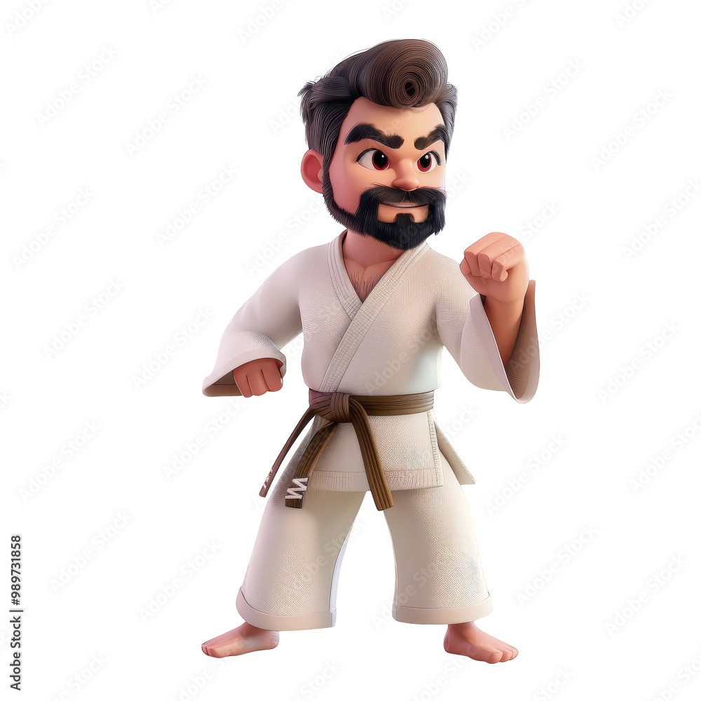 A cartoon man in a white karate uniform with a black belt, standing in a fighting stance. A cartoon man in a white karate uniform with a black belt, standing in a fighting stance.