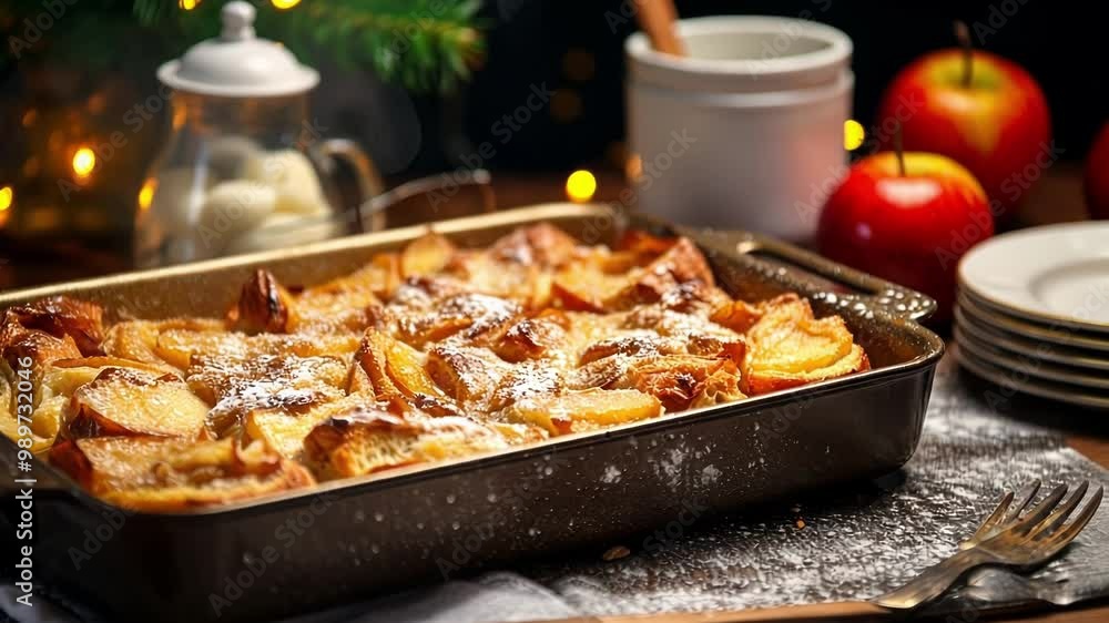 Freshly baked apple pie pudding sprinkled with powdered sugar, rests in a baking pan on a table with christmas lights glowing in the background Freshly baked apple pie pudding sprinkled with powdered sugar, rests in a baking pan on a table with christmas lights glowing in the background