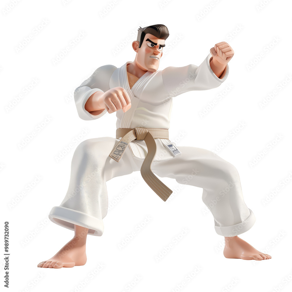 A determined man in a white karate uniform, ready to strike with a powerful punch. He has a serious expression on his face, focused on the task at hand A determined man in a white karate uniform, ready to strike with a powerful punch. He has a serious expression on his face, focused on the task at hand