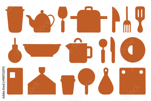 A comprehensive collection of kitchen tools silhouette vectors, perfect for culinary-themed projects. High quality designs include essential cookware and utensils for cooking and kitchen decor
