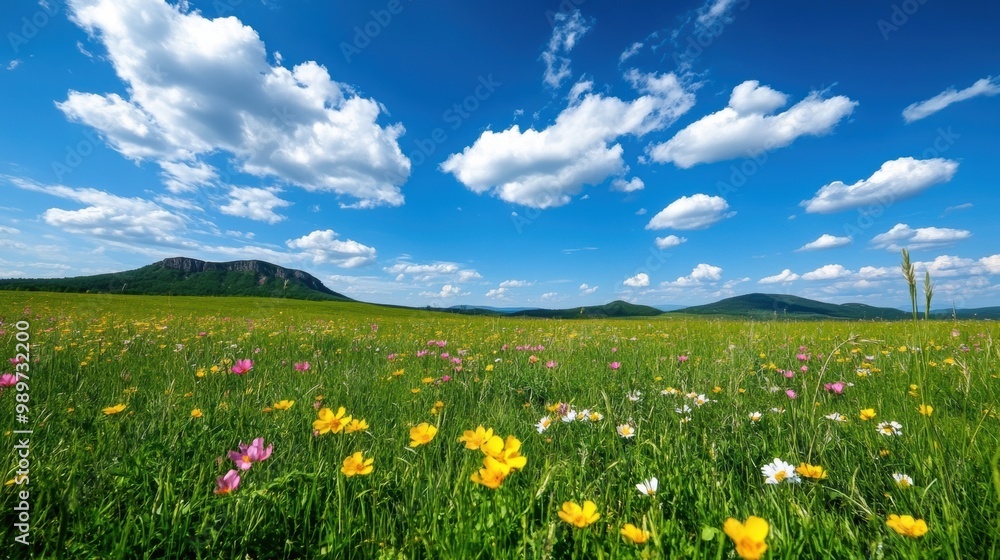 Fototapeta premium Vibrant Meadow Under Blue Sky with Fluffy Clouds