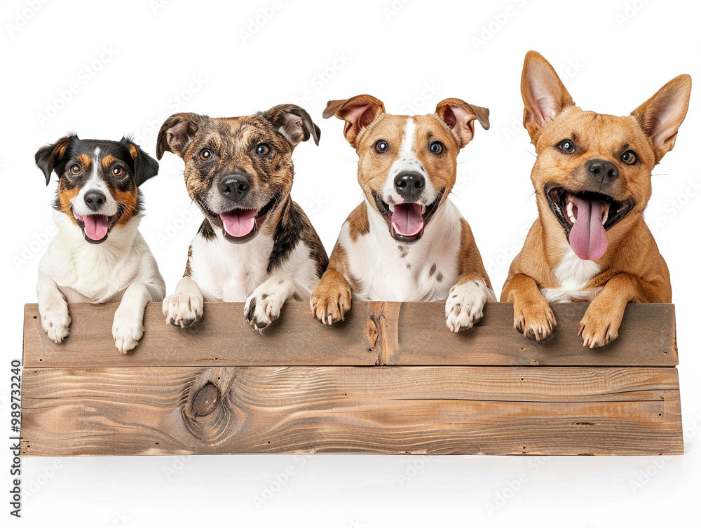 pets behind wooden board on white background pets behind wooden board on white background