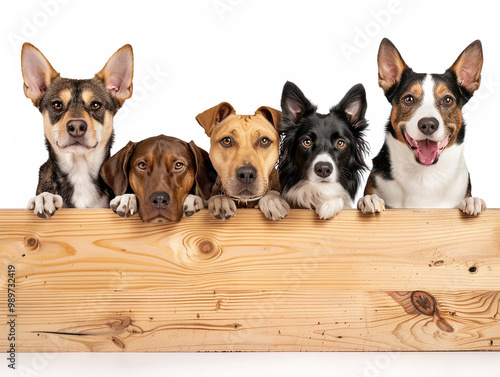 pets behind wooden board on white background