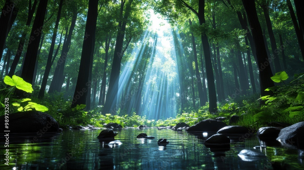 Obraz premium Sunlight Through Trees in Lush Green Forest