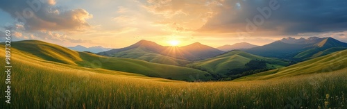 Panoramic view of mountain landscape during a golden sunset