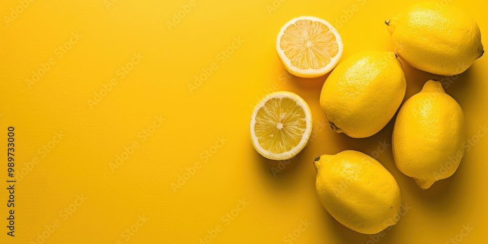 Fresh Yellow Lemons on Vibrant Yellow Background, Citrus Fruit with Ripe and Juicy Texture, Perfect for Summer Refreshment. Fresh Yellow Lemons on Vibrant Yellow Background, Citrus Fruit with Ripe and Juicy Texture, Perfect for Summer Refreshment.