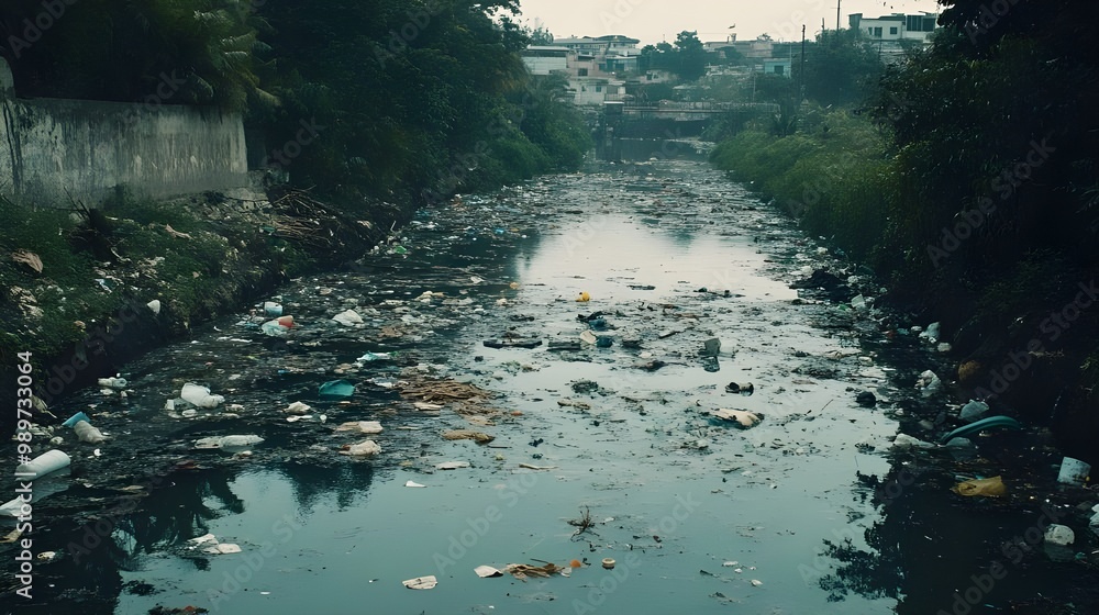 Residential Area Drains Flowing into Polluted River. Residential Area Drains Flowing into Polluted River.