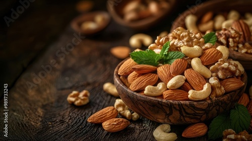 Close-up of assorted nuts in wooden bowls, accented with fresh mint on a rustic wooden surface, perfect for healthy snack inspiration.