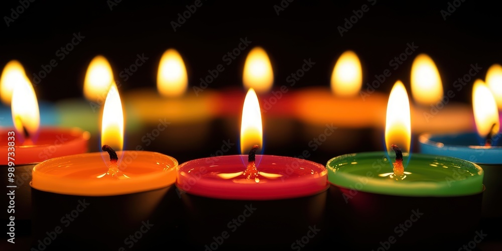 Colorful candles with flickering flames create a warm, serene ambiance against a dark background, ideal for relaxation and celebration. Colorful candles with flickering flames create a warm, serene ambiance against a dark background, ideal for relaxation and celebration.