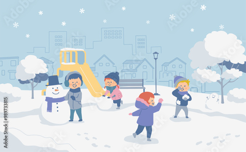 公園で雪遊びをする子供たちのイラスト