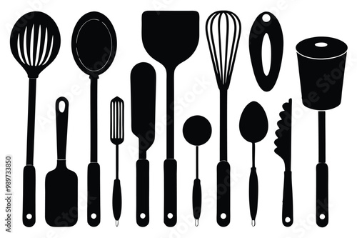 A comprehensive collection of kitchen tools silhouette vectors, perfect for culinary-themed projects. High quality designs include essential cookware and utensils for cooking and kitchen decor