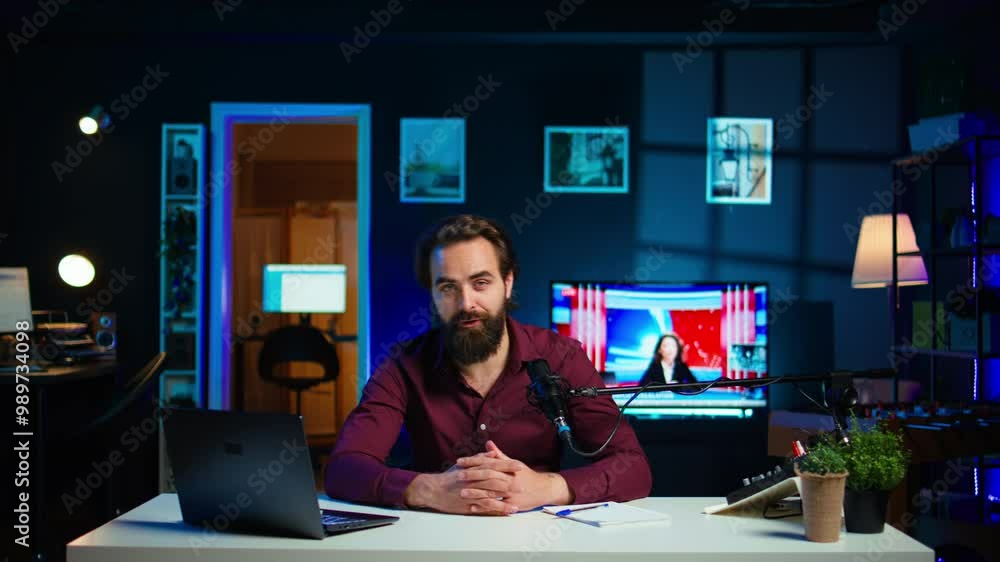 Content creator using mic in studio to do ASMR video, discussing with viewers using soothing voice. Man using professional microphone to record podcast with crisp sound, camera B Content creator using mic in studio to do ASMR video, discussing with viewers using soothing voice. Man using professional microphone to record podcast with crisp sound, camera B
