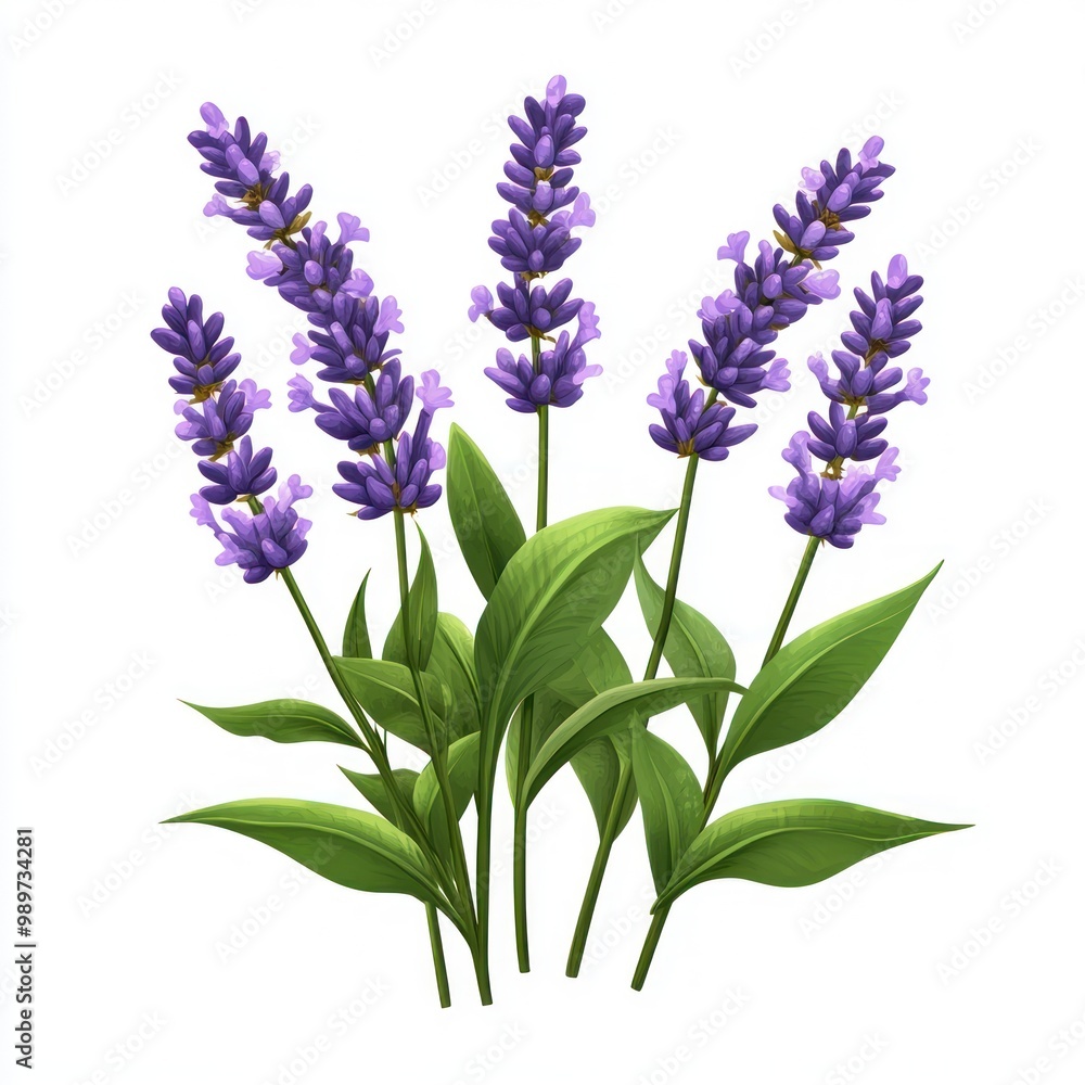 A cluster of lavender flowers with green leaves, showcasing natural beauty. A cluster of lavender flowers with green leaves, showcasing natural beauty.