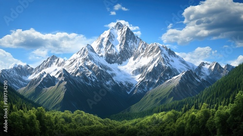 Majestic Mountain Landscape with Lush Forest and Sky