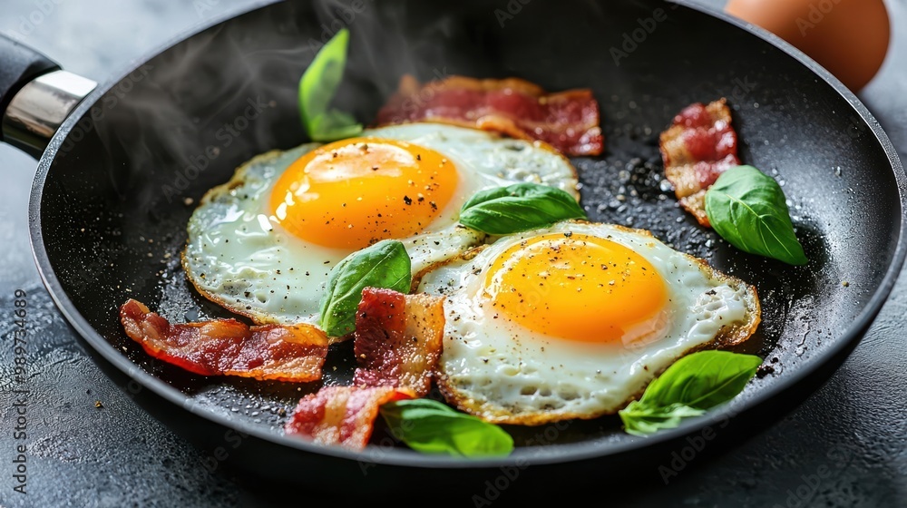 Delicious breakfast of fried eggs and crispy bacon in a frying pan, garnished with fresh basil. Perfect for a hearty meal. Delicious breakfast of fried eggs and crispy bacon in a frying pan, garnished with fresh basil. Perfect for a hearty meal.