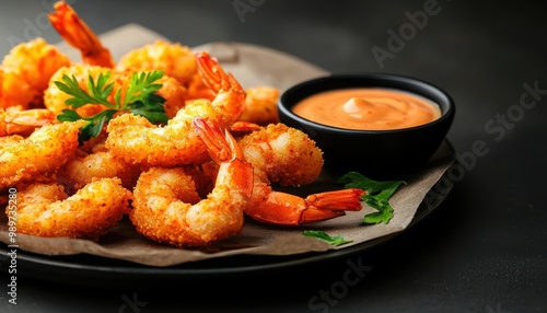 Delicious golden fried shrimp served with a tangy dipping sauce on a dark background, perfect for food photography.