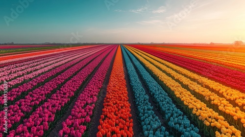 Stripes of Color in a Tulip Field